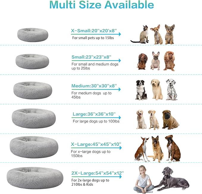 SAVFOX 54 inches Calming Donut Dog Bed - 3X Durable Plush Faux Fur, Machine Washable & Non-Slip, Fits up to 210 lbs, Removable Cover, Light Grey