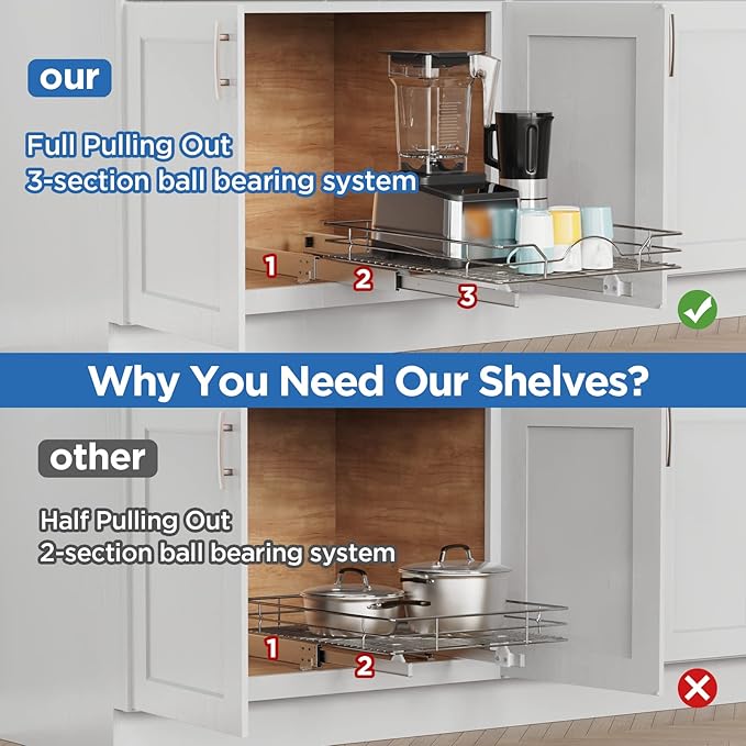 ROOMTEC Pull Out Cabinet Organizer - 17" W x 21" D, Slide Out Kitchen Cabinet Storage Shelves, Fits 18.5" Opening