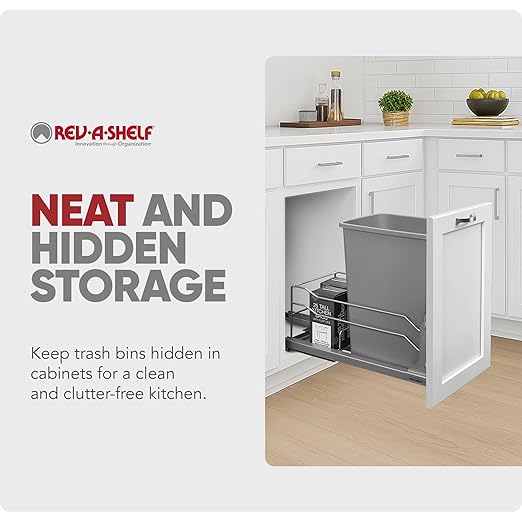 Rev-A-Shelf Pullout Trash Can for Under Kitchen Cabinets 35 Quart 8.75 Gallon with Soft-Close Slides and Rear Storage, Silver, 53WC-1535SCDM-117
