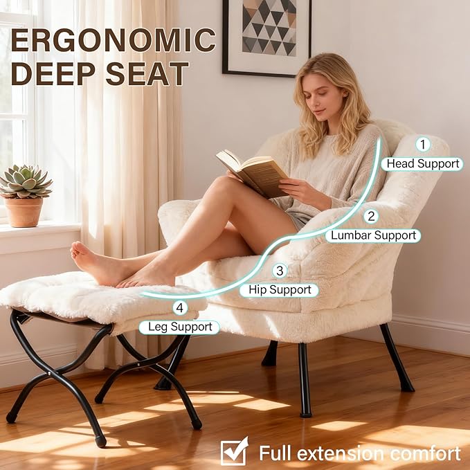 Welnow Lazy Chair with Ottoman, Modern Lounge Accent Chair with Armrests and a Side Pocket, Leisure Sofa Armchair, Reading Armchair with Footrest for Small Space, Plush Beige