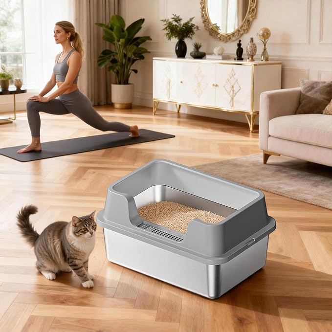 Enclosed Stainless Steel Cat Litter Box with Lid, XL Extra Large Litter Box for Big Cats, Metal Litter Pan High Sided, Never Absorbs Odors, Anti-Urine Leakage, Easy Cleaning, Include Scoop