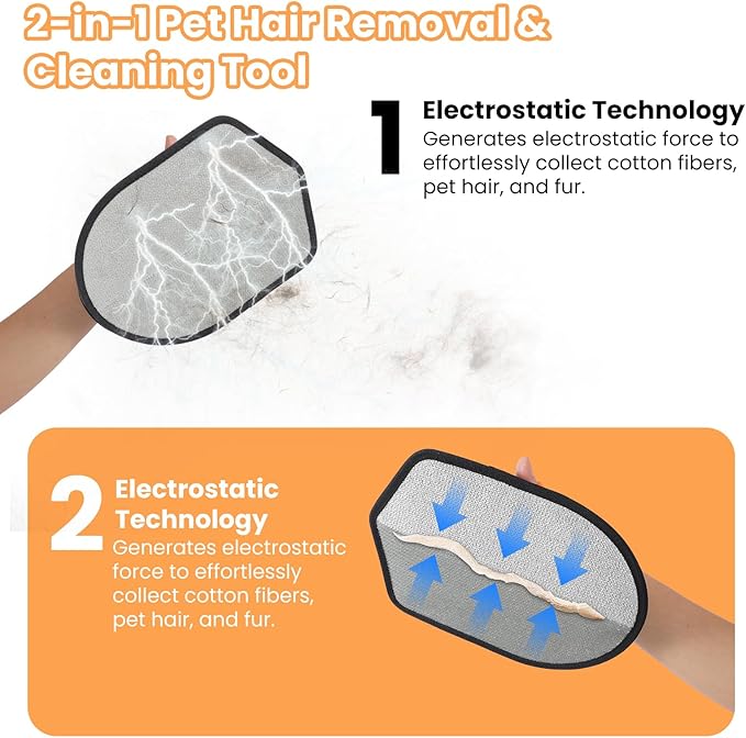 Pet Fur Removal Gloves, Suitable for Cats and Dogs. The Upgraded Version is a Reusable Static Hair Removal Tool. The Magical Brush can be Used on Bed Sheets, Sofas, Clothes, Carpets and car Seats