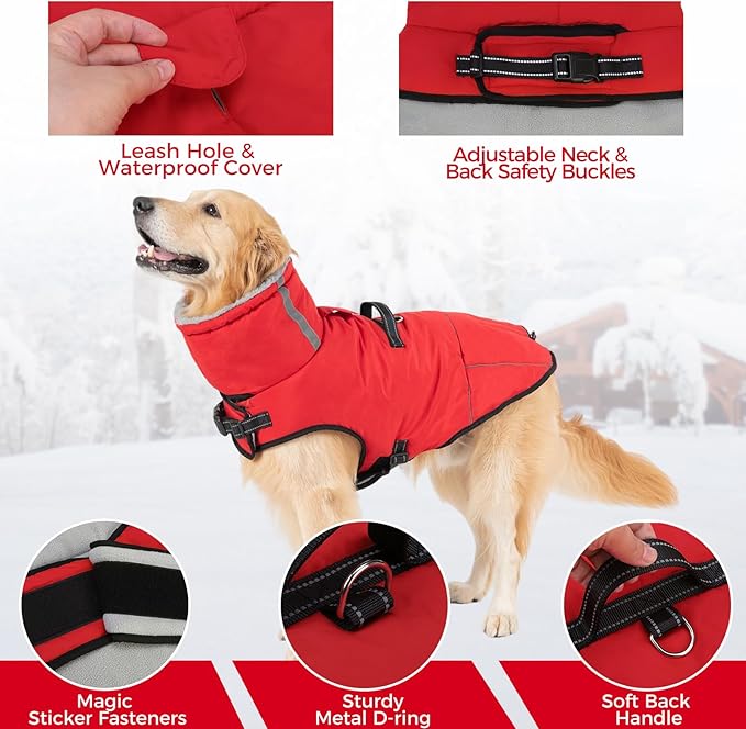 Mihachi Dog Coat for Large Dogs, Warm Dog Winter Coat Waterproof Dogs Jacket with Harness Built in Reflective Pet Fleece Vest, Puppy Cold Weather Coats Turtleneck & Windproof Pet Snowsuit, Red L