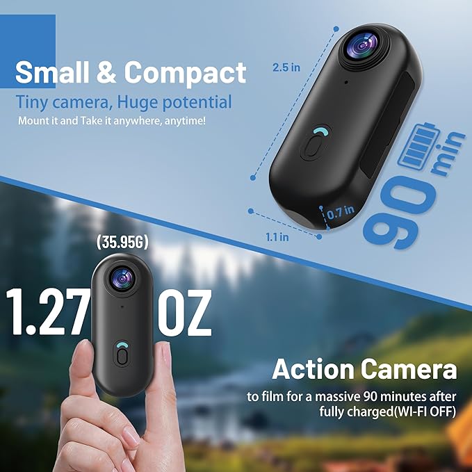 4K Mini WiFi Action Camera 32GB Thumb POV Portable Body Cam Wearable Video Recorder with IPX7 Waterproof Underwater Camcorder, Helmet Mount, Magnetic Sport DV for Bike Cycling, Pet, Vlogging(Black)