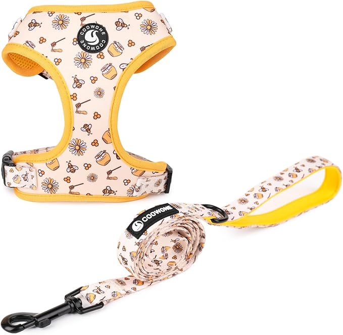 Dog Cat Harness and Leash Set, Puppia Soft Mesh Padded and Adjustable Puppy Vest Cute Dog Clothes Escape Proof Easy Walk Pet Accessories (Honeybee, M (Neck 13.4"-16.5"; Chest 17.7"-23"))