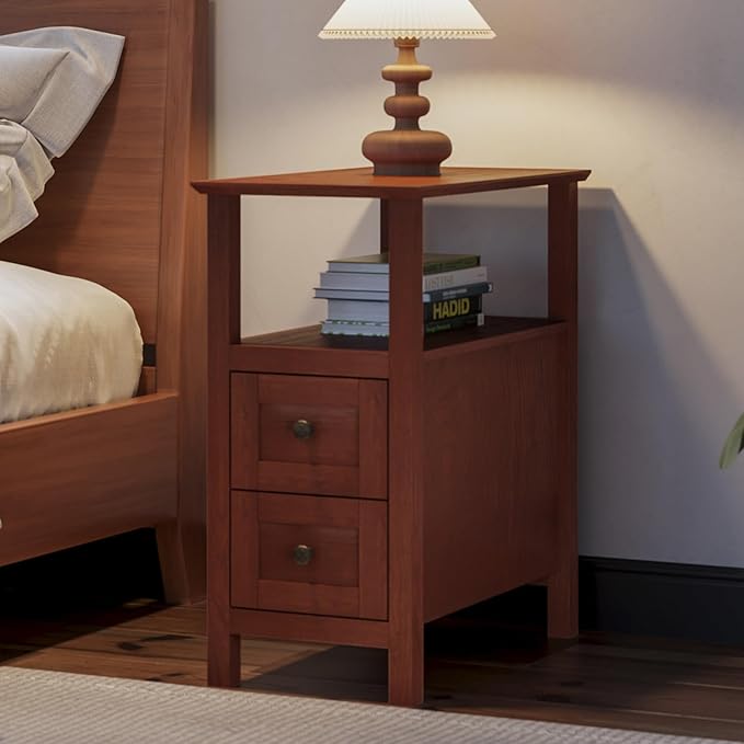 ChooChoo End Tables Living Room Set of 2, 3-Tier Narrow Nightstand with with 2 Drawers, Slim Bedside Tables for Living Room, Bedroom, Small Space, Cherry Brown