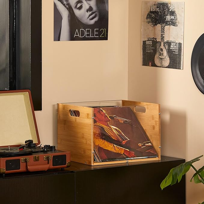 Record Album Storage Crate, Bamboo & Acrylic Vinyl Record Crate, Multifunctional Visible Record Holder Crate with Handle, Great for Storing Vinyl Record LP's/Albums Hanging Letter Size Folders Toy