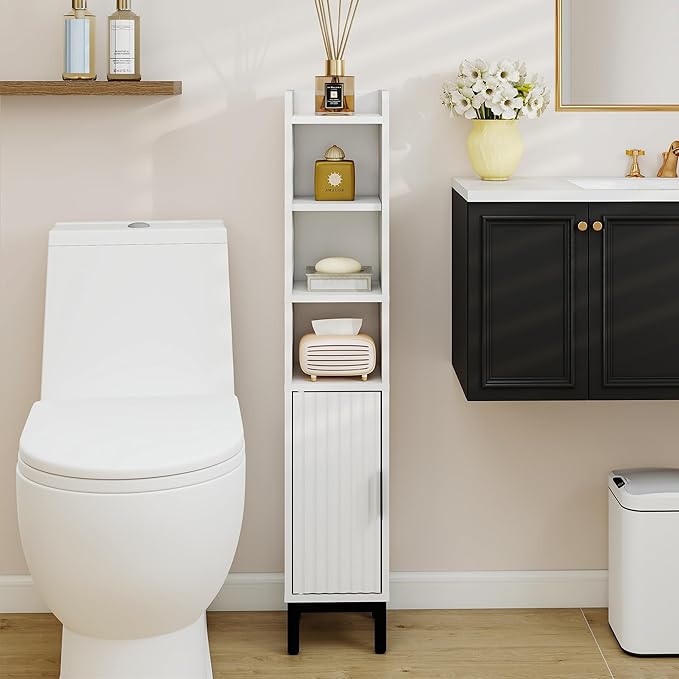 Small Bathroom Storage Cabinet, Corner Floor Cabinet with Door and Shelves, Narrow Toilet Paper Cabinet, Bathroom Organizer with Adjustable Shelf for Small Spaces, White, 5-Tier