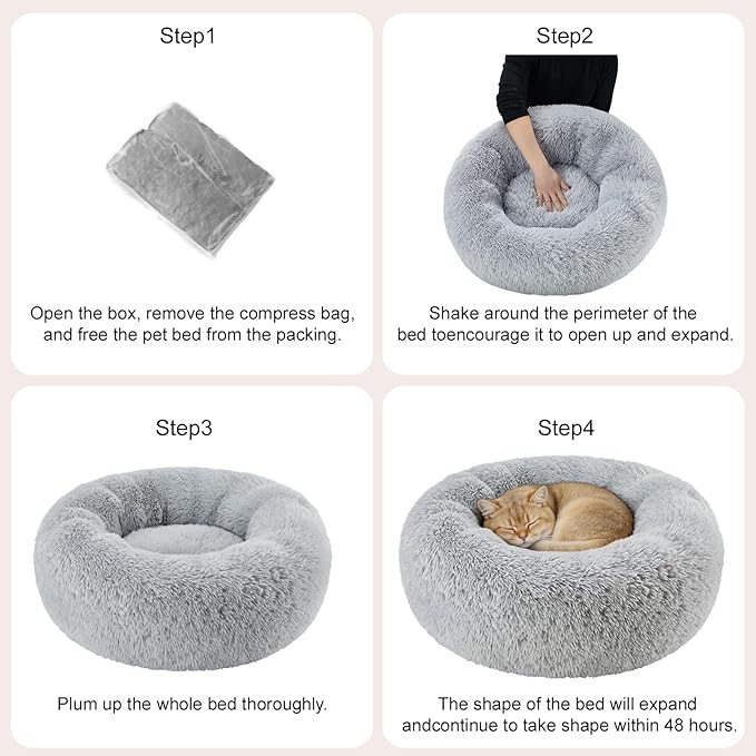 Dog Bed Calming Beds for Small Medium Dogs - Round Donut Washable Dog Bed, Anti-Slip Faux Fur Fluffy Donut Cuddler Anxiety Cat Bed(Light Grey 24")