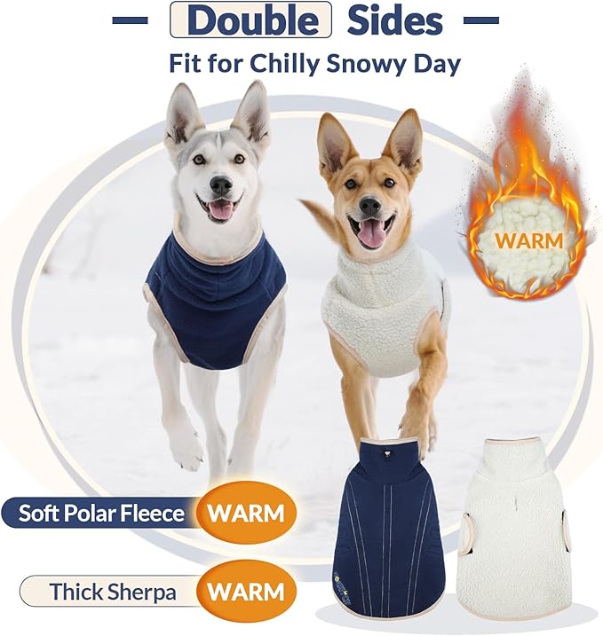 ROZKITCH Reversible Coat with Polar Fleece Warm for Dog, Adjustable Vest for Chilly Winter, Double-Sided Plush Sweatshirt for Small Breeds DarkBlue M