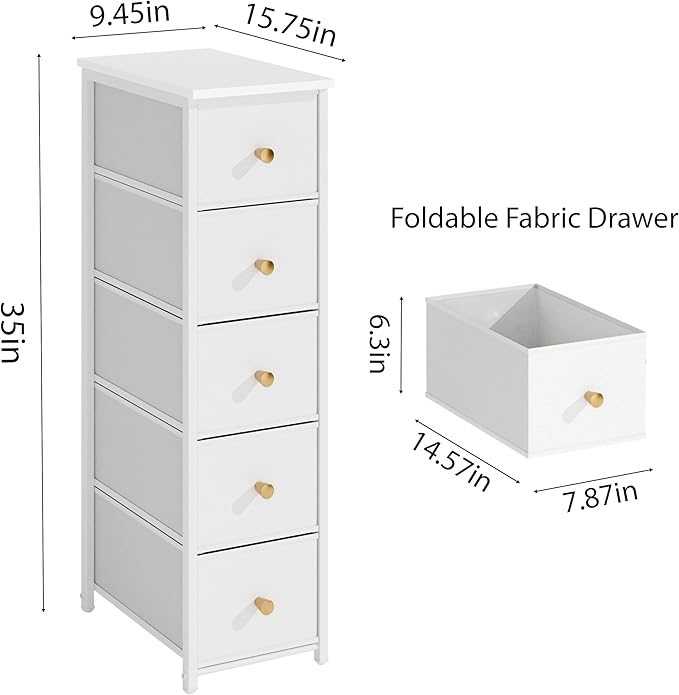 Narrow Storage Cabinet for Small Spaces Slim Skinny Bathroom Dresser Tall Dorm Nightstand Thin Organizer for Bathroom Bedroom (White, 5 Drawers)