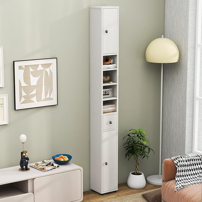SIMOE Tall Bathroom Storage Cabinet, 32.5lbs Heavy-Duty 8" Slim Narrow Floor Cabinet with 5 Adjustable Shelves & Drawer, 71" Freestanding Skinny Linen Tower for Small Spaces, Moisture-Proof, White
