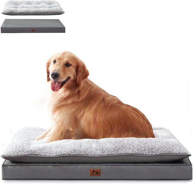 Washable Dog Bed for Medium Large Size Dog, Plush Pillow Pet Bed with Leather Egg-Crate Foam Base, Waterproof Kennel Bed with Removable Cover, 36" x 27" Comfort Cushion Bed, Dark Grey