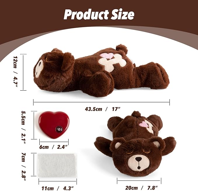 PetPrime Dog Heart beat Puppy Plush Bear Toy - with Warmer Bag Pet Soft Anxiety Puppy Relief Toy Heartbeat Stuffed Animal Sleeping Buddy Anxiety Dog Toy (Brown Bear)