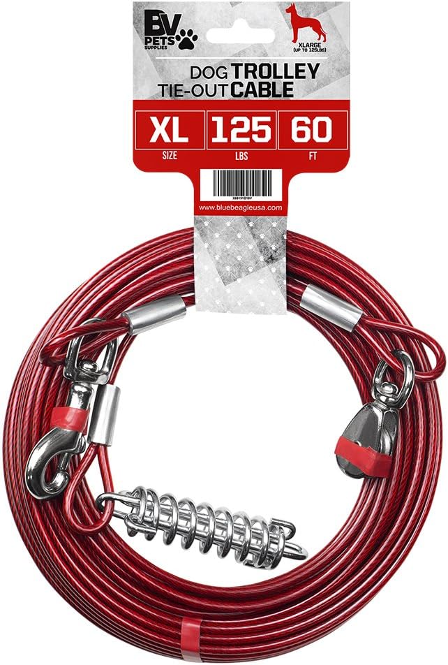BV Dog Aerial Trolley System Tie Out for Yard - 60ft Dog Run Cable with 10ft Pulley Runner Lead - Heavy Duty Reflective Cable for Dogs up to 125 lbs, Rust-Resistant & Tangle-Free Outdoor Runner