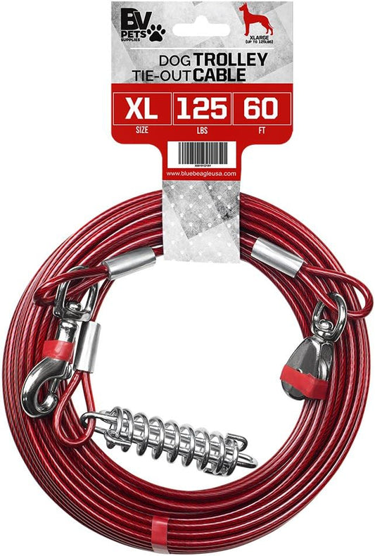 BV Dog Aerial Trolley System Tie Out for Yard - 60ft Dog Run Cable with 10ft Pulley Runner Lead - Heavy Duty Reflective Cable for Dogs up to 125 lbs, Rust-Resistant & Tangle-Free Outdoor Runner