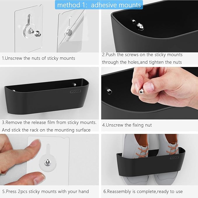 Wall Mounted Shoes Rack 4Pack with Sticky Hanging Strips, Plastic Shoes Holder Storage Organizer,Door Shoe Hangers (SM03-Black-4)