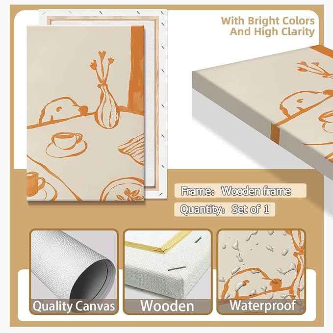 Cute Sneaky Dog Kitchen Poster Scandi Breakfast Coffee Canvas Wall Art Whimsical Abstract Animal Sketch Aesthetic Prints Painting For Living Room Kitchen Dining Room Wall Decor 16x24in Wrapped Canvas