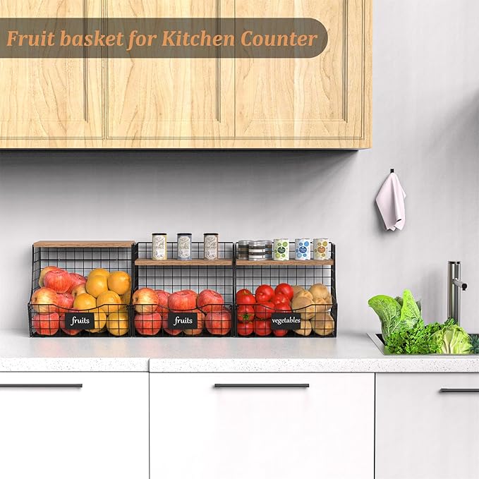 3 Pack Fruit Basket for Kitchen with Wood Lid - Counter&Wall Mounted Onion and Potato Storage with Nameplate, Stackable Storage Basket, Hanging Metal Wire Baskets,11.5 * 10.63 * 8.66 Inch