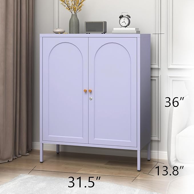 Metal Storage Cabinet with Lock, 2-Door Semi-Circular Steel Door, 2 Adjustable Shelves, Heavy Duty Secure Storage Unit for Home, Office, School, Purple 36" H X 31.5" W X 13.8" D