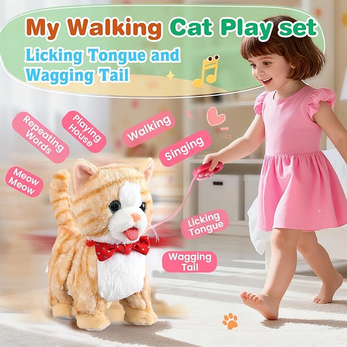 Yellow Walking Cat for Girls Set Toy Talking Singing Animated Robot Kitty Interactive Plush for Cat for Kids Kitten Robotic Plush That Meow and Purrs Electric Robot for Toddlers Baby