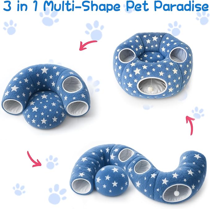 Cycodo Indoor Cat Tunnel Bed,Shape-Shifting Pet Cave with Circle Cushion,Luminescent Donut Tunnel Toy for Kitten/Puppy/Rabbit (Starry Blue)