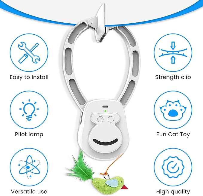 Interactive Cat Toys for Indoor Cats, Automatic Hanging Feather Cat Toy with Realistic Fluttering & Quiet Motor, USB Rechargeable Door Mounted Feather Wand for Bored Kittens & Adult Cats (White)