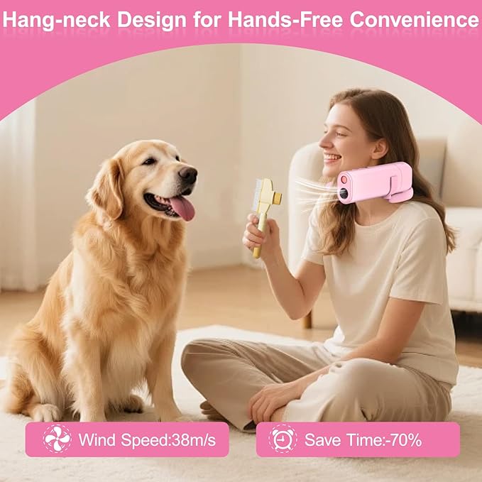 Pet Hair Dryer, Neck-Hanging Dog Dryer for Pet Grooming with 3 Speeds 4 Temp, Dog Blow Dryer for Small to Medium Pets with Stand, for Pet Salon Grooming,Powerful Airflow for Rapid Drying (Pink)