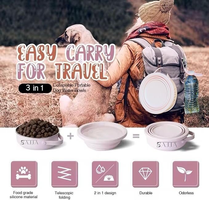 Pink Slow Feeder 3-in-1 Travel Dog Bowl Set – 30 OZ Stainless Steel + 20 OZ Collapsible BPA-Free Silicone Bowl Lid | Silicon Slow Feeder Insert | Non-Slip, Anti-Choking|, Carabiner | We give Back