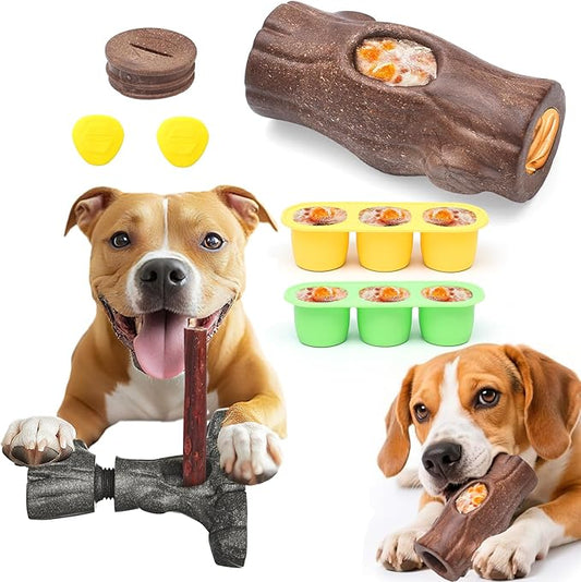 Tree Stump Dog Puzzle Toy for Medium/Large Dogs – Interactive Chew Toy with Frozen Treat Molds & Peanut Butter Grooves, Tree Trunk Bully Stick Holder for Dogs, Fits Various Bully Sticks