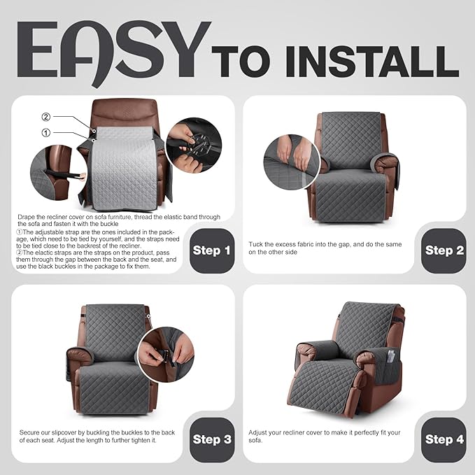 KinCam 100% Waterproof Recliner Chair Cover, Reclining Couch Covers for Pets, Dogs, Recliner Couch Slipcover Furniture Protector with Elastic Straps for Kids(28", Charcoal Gray)