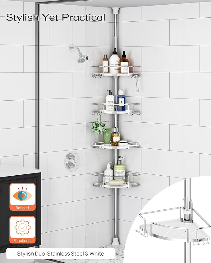 ALLZONE Corner Shower Caddy Tension Pole, 4 Repositionable Hang-On Baskets with Mixed-Height Shelves for Various Bottle Sizes, 4 Dual Hooks & Soap Holder, Rustproof Stainless Steel, Fits 34–116 Inch