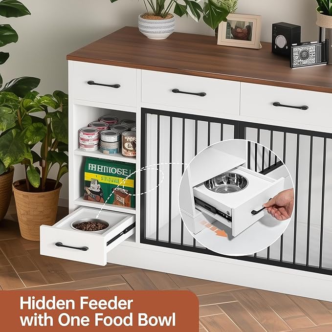 47.2" Dog Crate Furniture with Storage Drawers & Hidden Bowl, Wooden Indoor Kennel with Shelf & 2 Doors, Pet Cage for Small/Medium Dogs