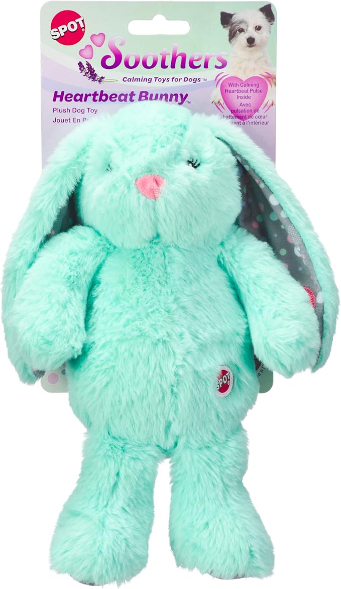 SPOT Soothers Heartbeat Bunny – 12 Inch Calming Plush Toy for Dogs & Puppies – Heartbeat Mechanism, Lavender Scent Beads, and Squeaker – Helps with Anxiety & Crate Training, Assorted Colors