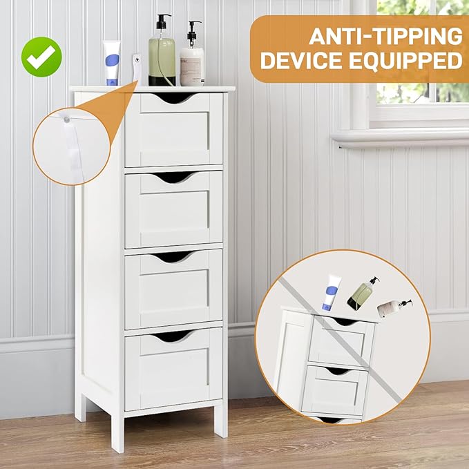 Bonnlo Bathroom Storage Cabinet Skinny Wooden Side Bathroom with 4 Drawers Small Free Standing Floor Cabinet White Slim 12 Inch Wide Organizer for Bedroom Living Room, 12 Inch Deep Narrow Organizer
