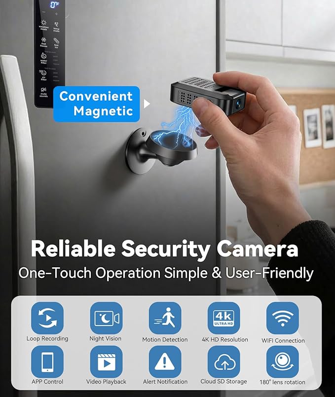 Mini Camera - 4K HD Wireless WiFi Indoor Nanny Camera with AI Human Detection, Night Vision, Magnetic Design, Cloud Storage & TF Card Storage, Supports APP Control for Home, Office, Baby, and Pet