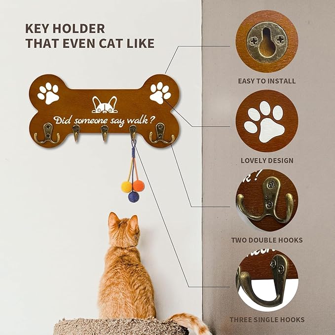PROOTORBone Shape Dog Leash Holder for wall Mount and Storage Organizer, 11.8'' x 5.9'' x 3.7 - Coat Rack with 5 Hooks Cute House Warming Gift for Dog Lovers, Door and Bedroom Decor