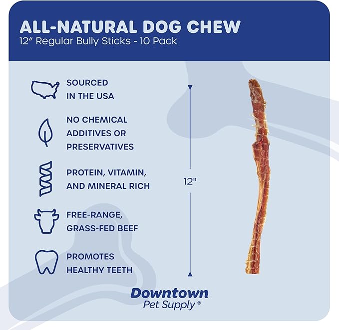 Downtown Pet Supply USA Sourced Bully Sticks for Dogs - Grass-fed Beef Chews, Low-Odor & Rawhide-Free, Long Lasting Dog Treats for Heavy Chewers - Healthy, Safe & Delicious Chews (12" 10 Pack)