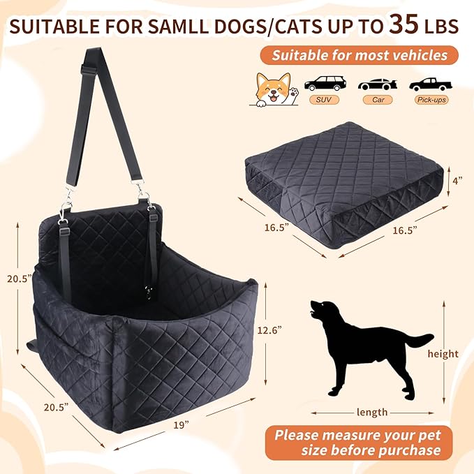 Dog Car Seat for S/M Dogs, Memory Foam Dog Booster Car Seat Up to 35lbs, Detachable Washable Pet Travel Bed with Side Pockets and 2 Safety Belts, Easy to Install (Black)