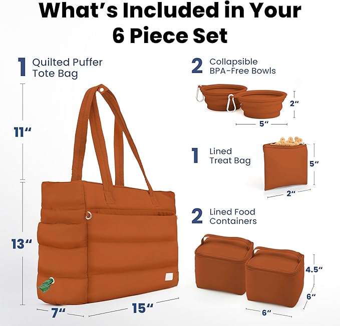 Puffer Dog Travel Bag for Dog Moms – Doggy Diaper Bag with Pet Bowls & Food Storage or Everyday Puffy Tote – Christmas Doggy Mom Gifts for Women – Lightweight, Travel-Ready Gift for Pet Lovers - Rust