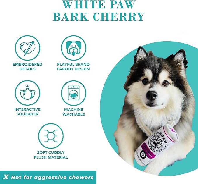 Haute Diggity Dog White Paw Bark Cherry, Plush Designer Dog Toys with Interactive Squeaker, Stimulating Pet Enrichment, Machine-Washable & Safe Materials for All Breeds, One Size