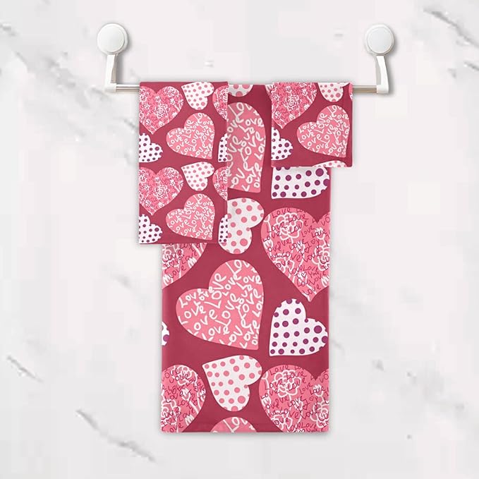 Pfrewn Pink Plaid Hearts Towels Set of 3 Romantic Love Dot Spring Bathroom Towel Soft Absorbent Bath Hand Towels Washcloth Guest Towel Sets Mother's ValentineDecorations