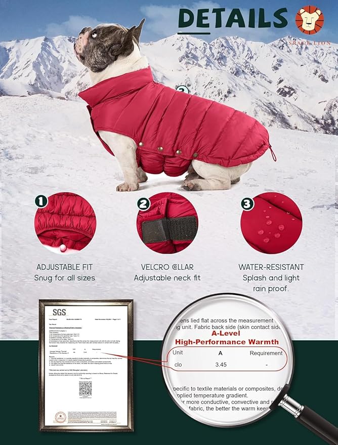 SPACE LION Dog Puffer Jacket, Down Winter Coat, Durable Outdoor Coat for Cold and Windy Conditions, Lightweight & Adjustable Fit Coats for Large Dogs,(Red, Size26/3XL)