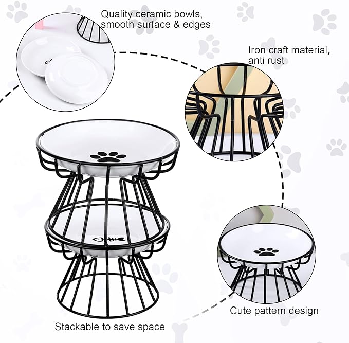 Rtteri 2 Pcs Elevated Cat Plate Set Anti Vomit Cat Bowls with Metal Stand, Shallow Ceramic Raised Feeding Station(Black)