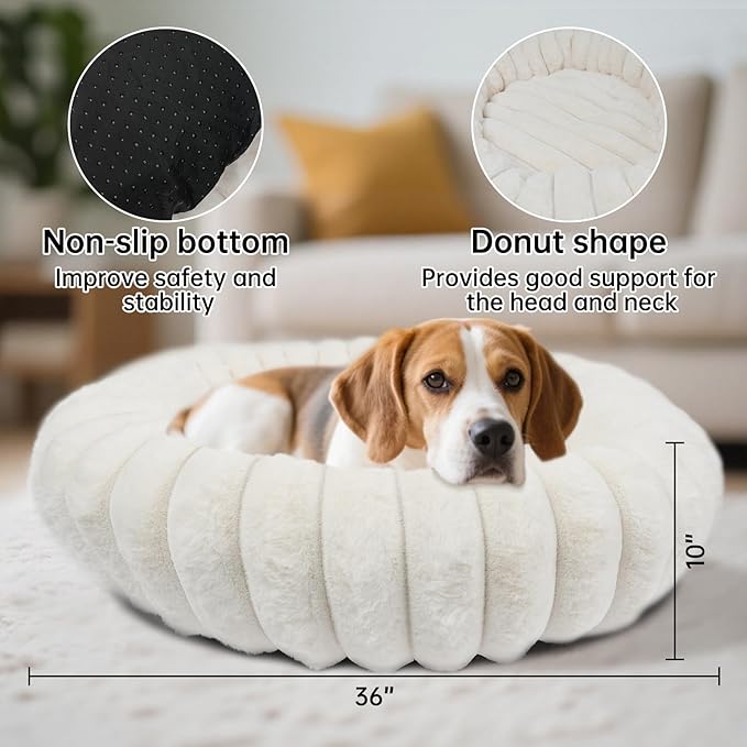 Donut Dog and Cat Bed, Luxurious Comfortable Faux Rabbit Fur Pet Beds, Round Anti-Anxiety Calming Puppy Kitten Bed with Anti-Slip Bottom for Small Medium Large Dogs & Cats(36", White)