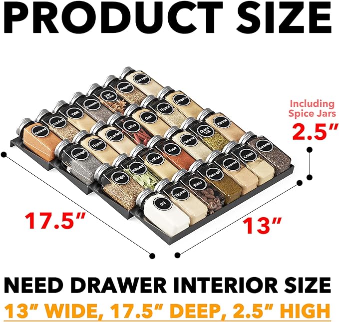 SpaceAid Spice Drawer Organizer with 28 Spice Jars, 386 Spice Labels, 4 Tier Seasoning Rack Tray Insert for Kitchen Drawers, 13" Wide x 17.5" Deep