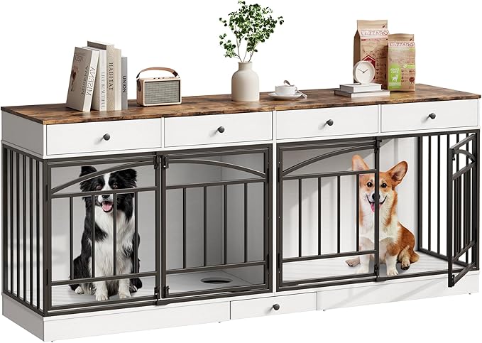 GarveeHome Dog Crate Furniture for 2 Dogs, Dog Kennel Indoor with 4 Storage Drawers and Feeding Bowls, Double Dog Crate TV Stand for Small Medium Dogs, White