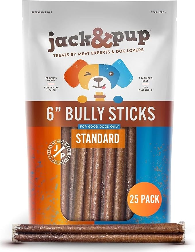 Jack&Pup 6 Inch Standard Bully Sticks for Dogs (25 Pack) Odor Free Bully Sticks for Large Dogs, All Natural Beef Pizzle Sticks