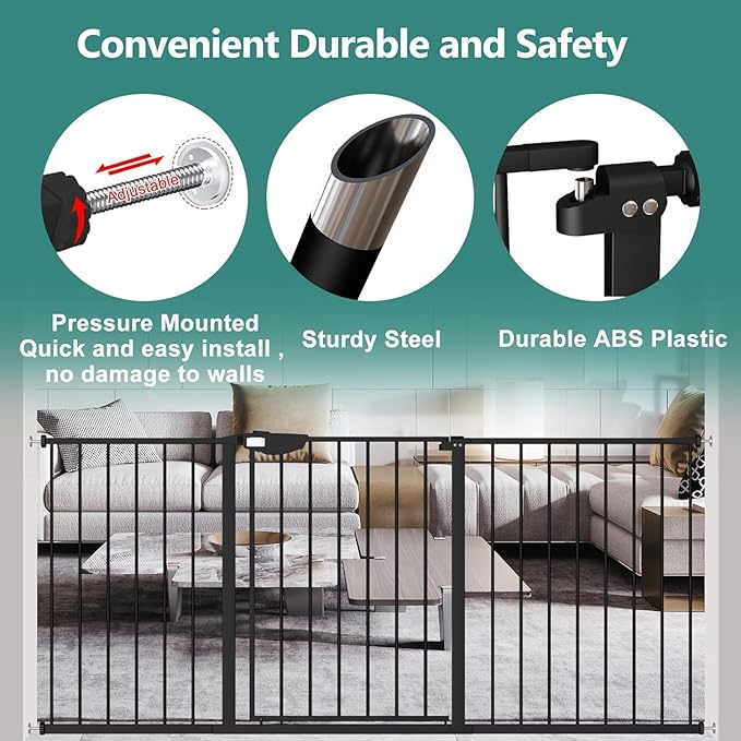 ALLAIBB Triple Lock Extra Wide Baby Gate Pressure Mounted Walk Through Safe Auto Close Black Metal Dog Pet Puppy Cat for Stairs,Doorways,Kitchen 49.21-66.54"