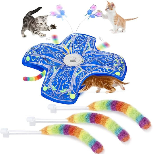 Interactive Hide and Seek Cat Toy with Blue Cover + 3 Plush Tail Wand Replacements